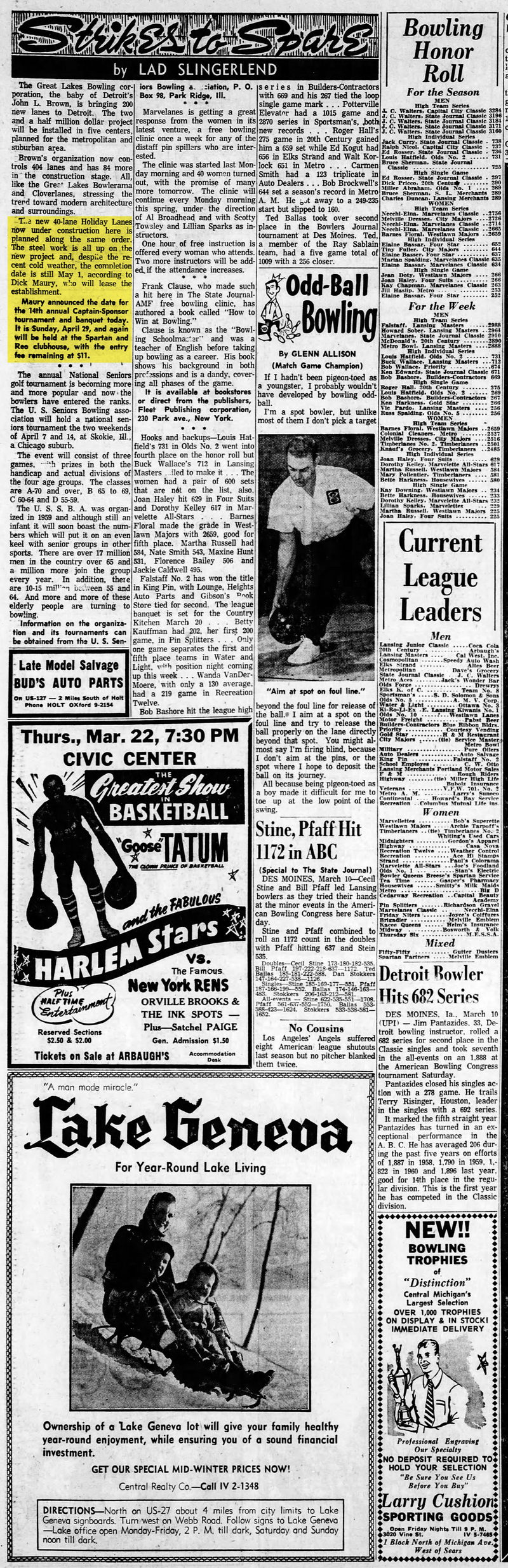 Spare Time Entertainment Center (Holiday Lanes) - Sun Mar 11 1962 Article